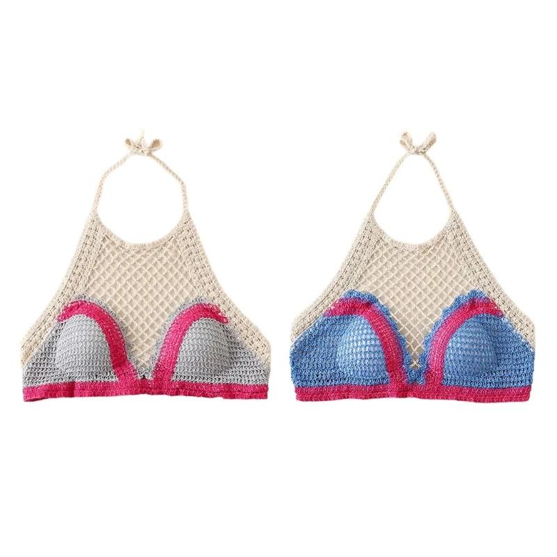  Summer Hollowed Crocheted Colorblock Camisole  Strappy Backless Ű 귡 ġ ް ڸ ž Ʈ